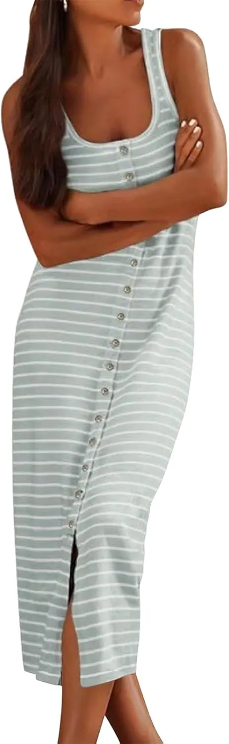 Women Casual Sleeveless Striped Tank Midi Dresses Spring U Neck Bodycon Dresses T Shirt Summer Dress