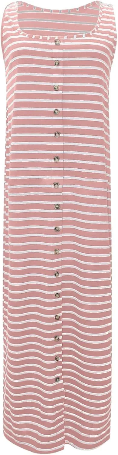 Women Casual Sleeveless Striped Tank Midi Dresses Spring U Neck Bodycon Dresses T Shirt Summer Dress