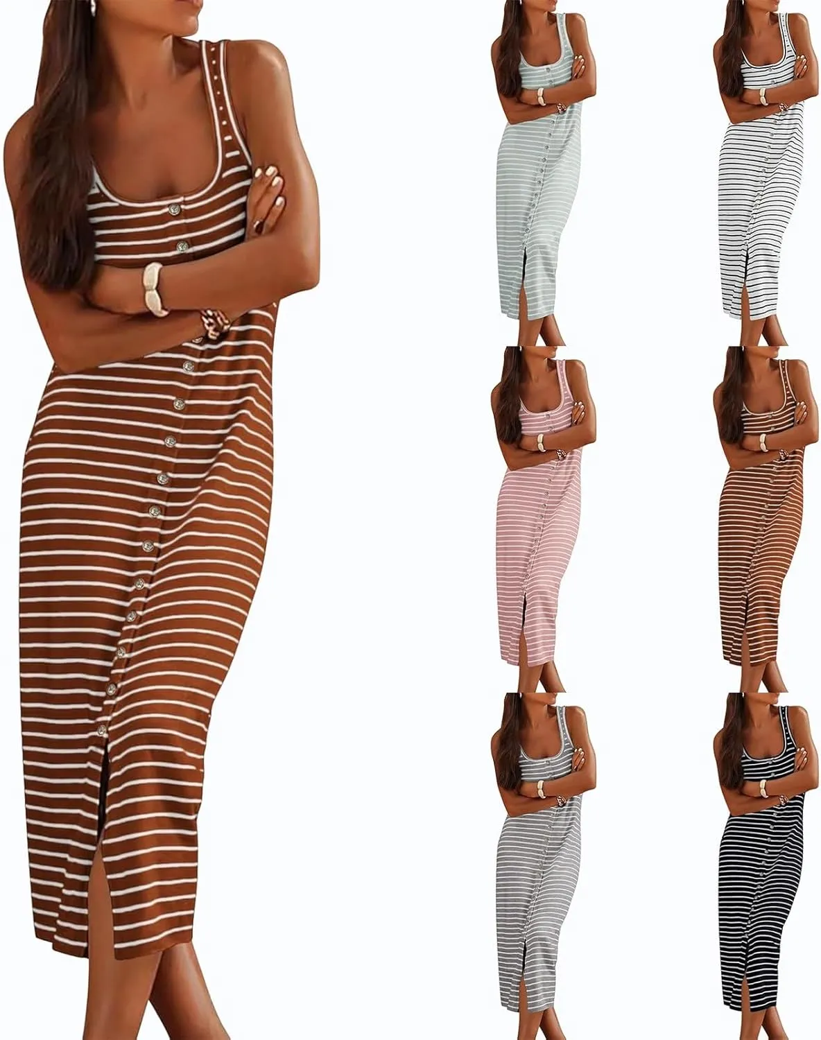 Women Casual Sleeveless Striped Tank Midi Dresses Spring U Neck Bodycon Dresses T Shirt Summer Dress