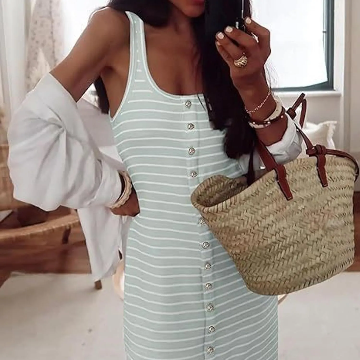 Women Casual Sleeveless Striped Tank Midi Dresses Spring U Neck Bodycon Dresses T Shirt Summer Dress