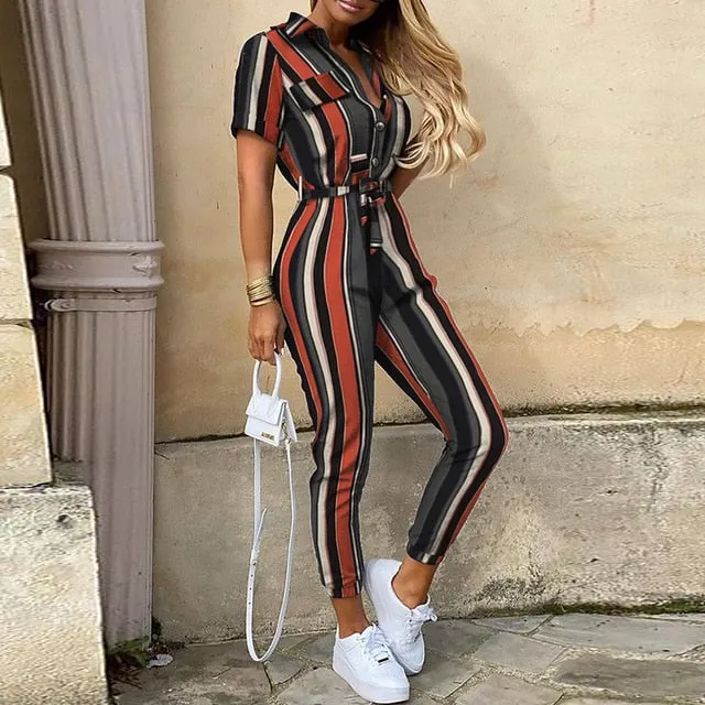 Women Casual solid color Jumpsuit 2020 Summer Deep V Neck Button Shirt Overalls Short Sleeve Office Lady One Piece Romper Belt