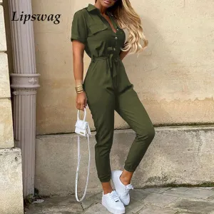 Women Casual solid color Jumpsuit 2020 Summer Deep V Neck Button Shirt Overalls Short Sleeve Office Lady One Piece Romper Belt