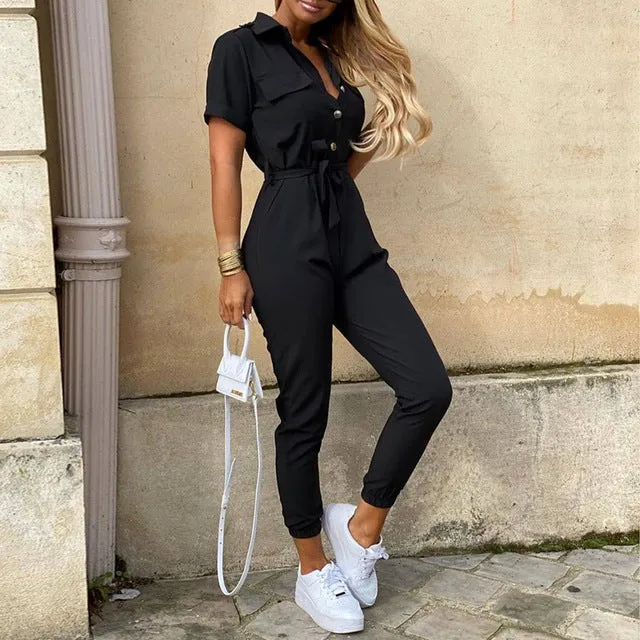 Women Casual solid color Jumpsuit 2020 Summer Deep V Neck Button Shirt Overalls Short Sleeve Office Lady One Piece Romper Belt