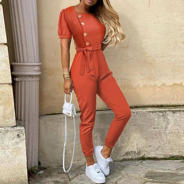 Women Casual solid color Jumpsuit 2020 Summer Deep V Neck Button Shirt Overalls Short Sleeve Office Lady One Piece Romper Belt