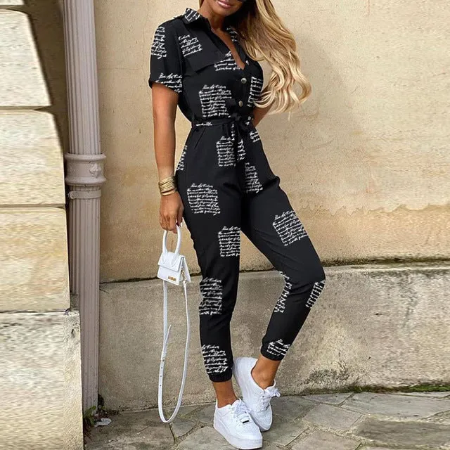 Women Casual solid color Jumpsuit 2020 Summer Deep V Neck Button Shirt Overalls Short Sleeve Office Lady One Piece Romper Belt