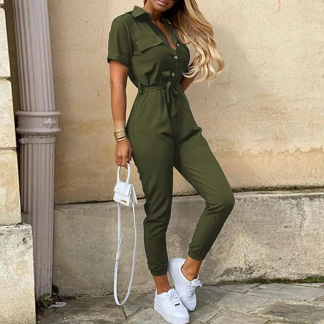 Women Casual solid color Jumpsuit 2020 Summer Deep V Neck Button Shirt Overalls Short Sleeve Office Lady One Piece Romper Belt