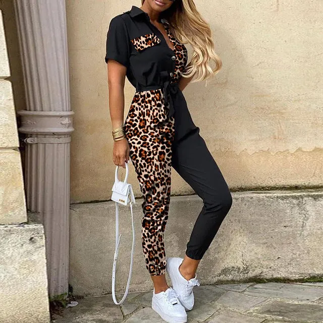 Women Casual solid color Jumpsuit 2020 Summer Deep V Neck Button Shirt Overalls Short Sleeve Office Lady One Piece Romper Belt