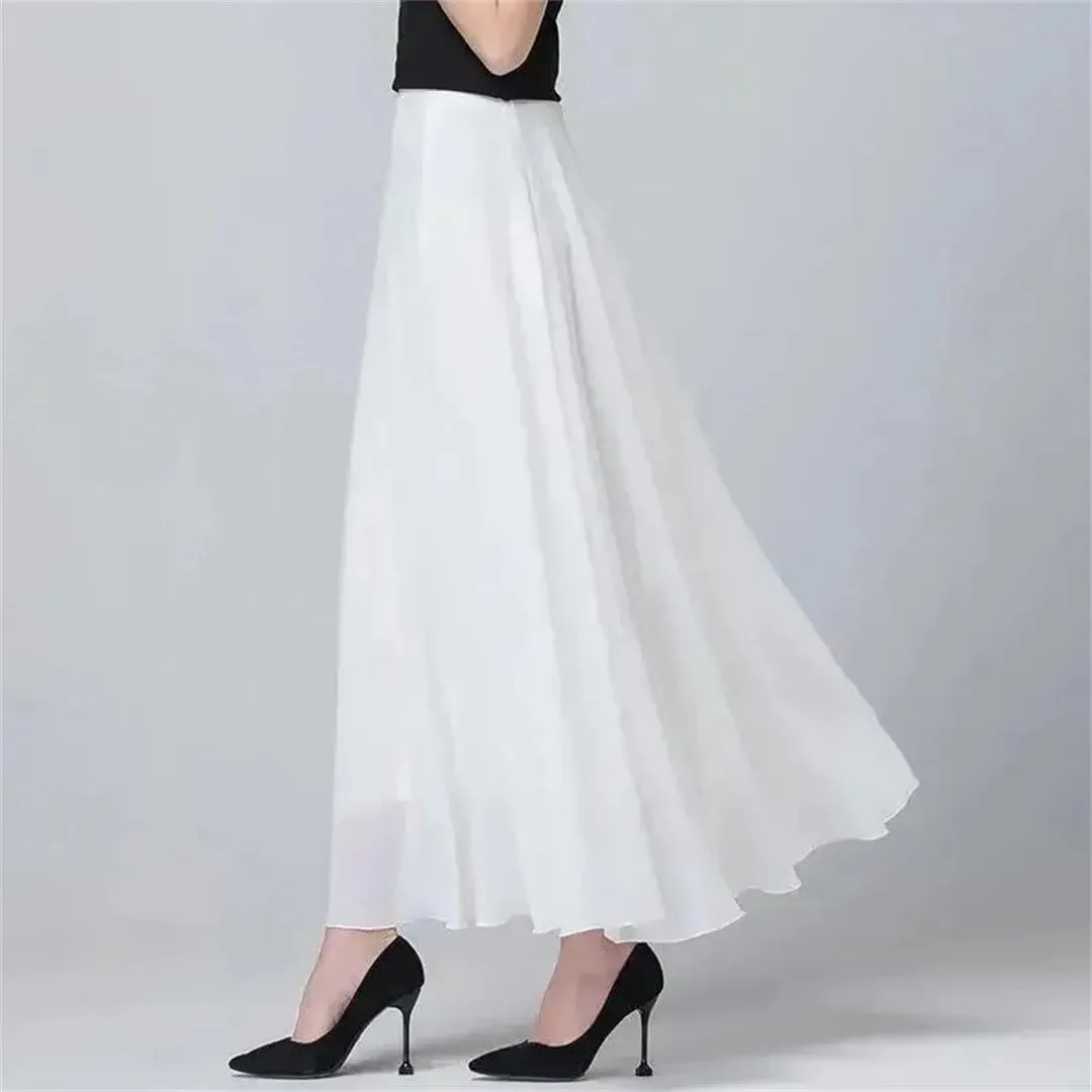 Women Chiffion High Waist Tulle Long Elegant Solid Mesh Pleated Skirts