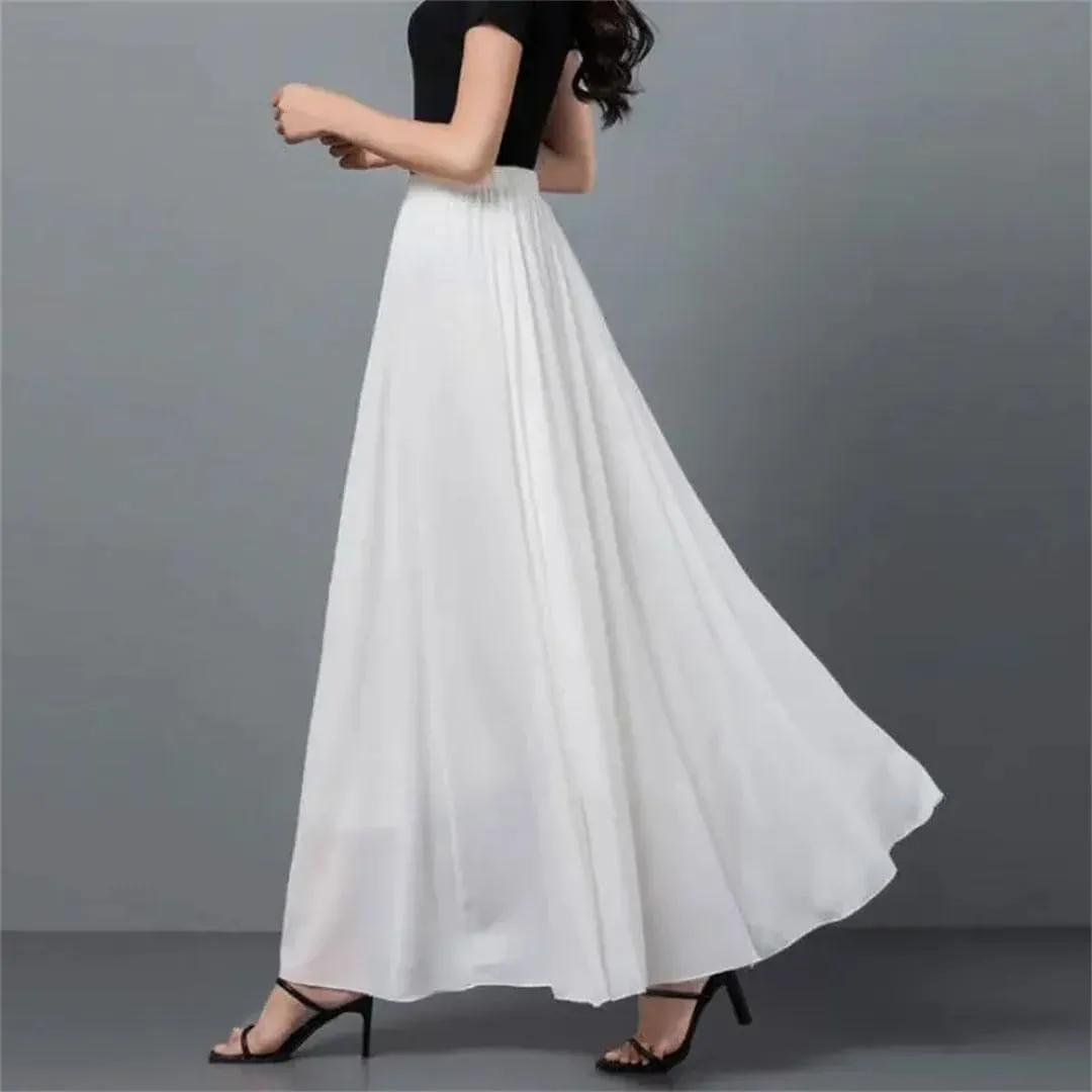 Women Chiffion High Waist Tulle Long Elegant Solid Mesh Pleated Skirts