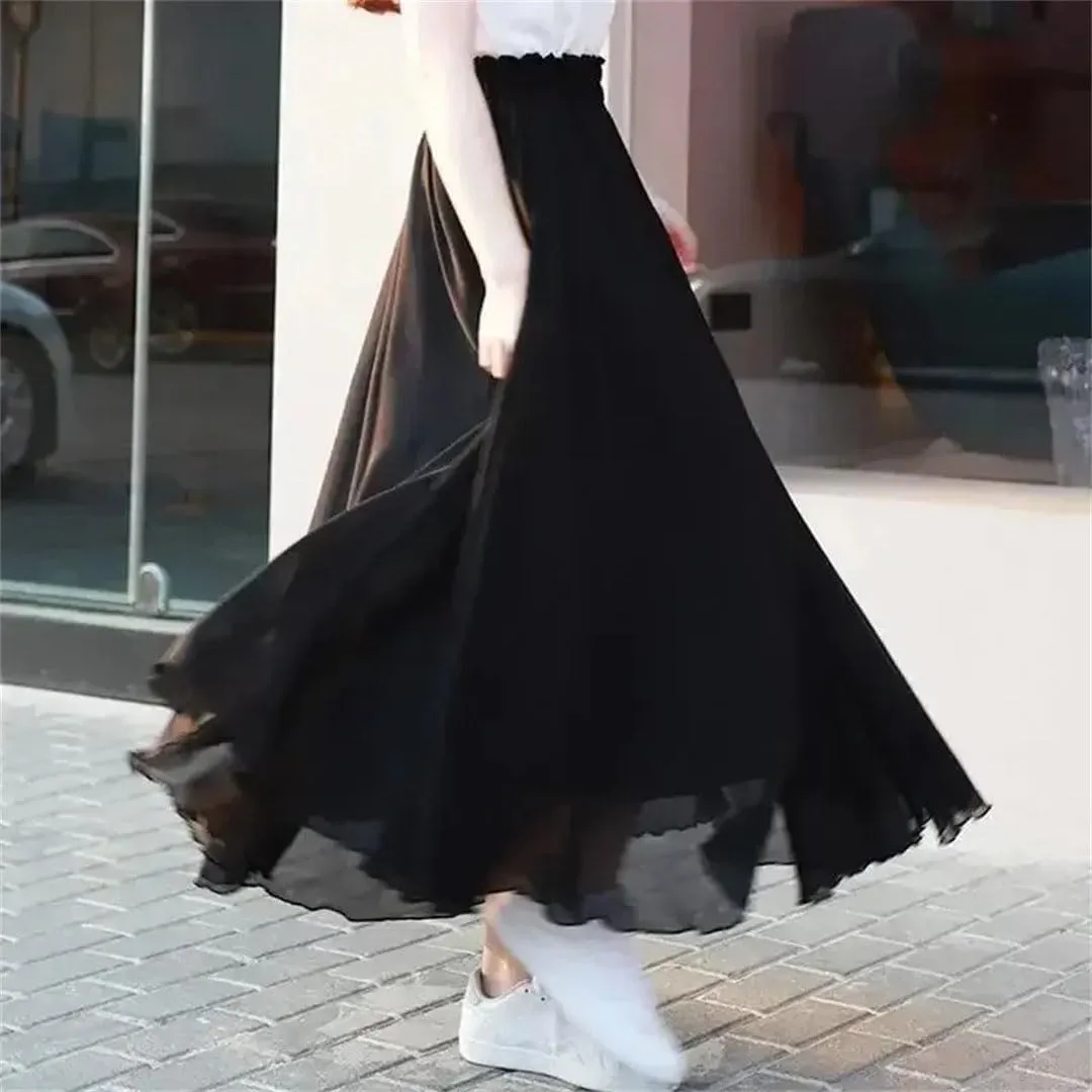Women Chiffion High Waist Tulle Long Elegant Solid Mesh Pleated Skirts