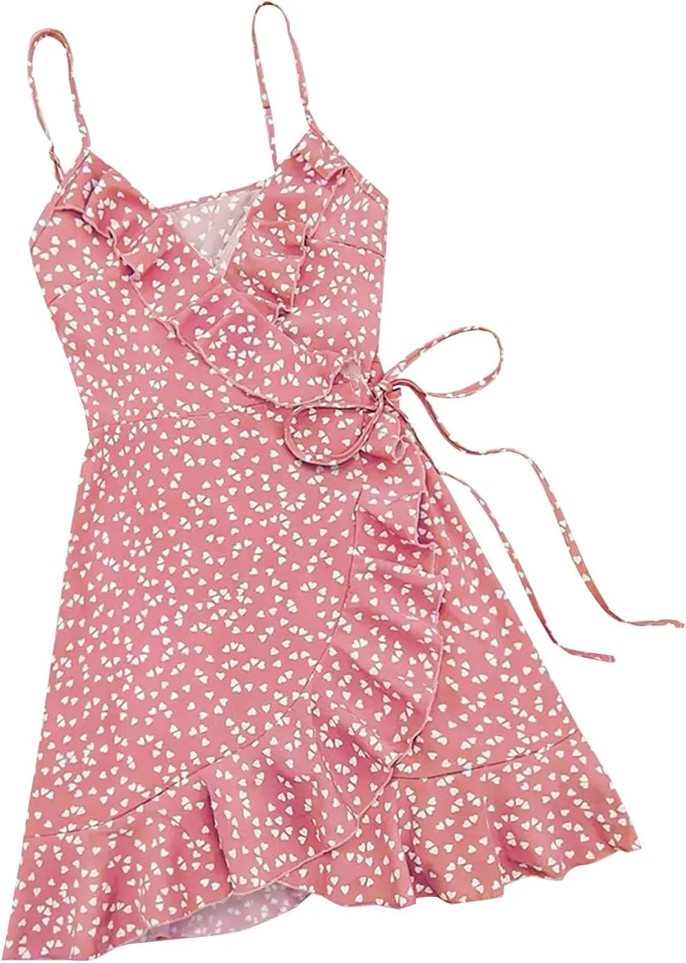 Women Fashion Boho Beach Mini Dress, Summer Sleeveless Spaghetti Strap Sundress Fashion Tie-Up Ruched Casual Dresses