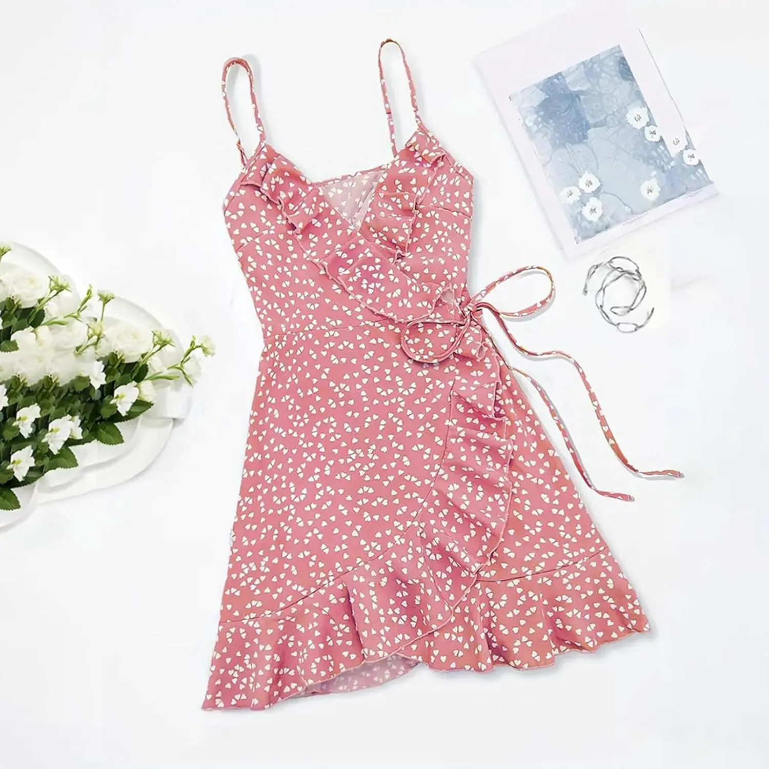 Women Fashion Boho Beach Mini Dress, Summer Sleeveless Spaghetti Strap Sundress Fashion Tie-Up Ruched Casual Dresses