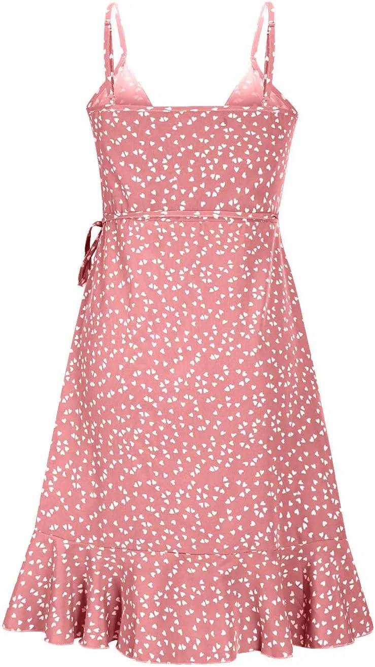 Women Fashion Boho Beach Mini Dress, Summer Sleeveless Spaghetti Strap Sundress Fashion Tie-Up Ruched Casual Dresses