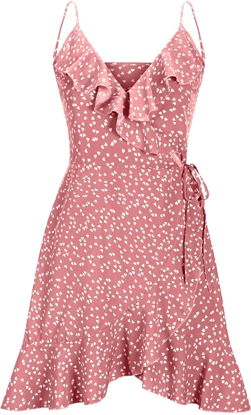 Women Fashion Boho Beach Mini Dress, Summer Sleeveless Spaghetti Strap Sundress Fashion Tie-Up Ruched Casual Dresses