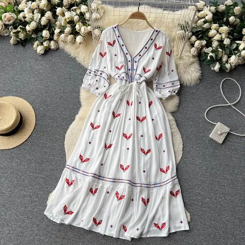 Women Floral Embroidery Boho Vintage Dress