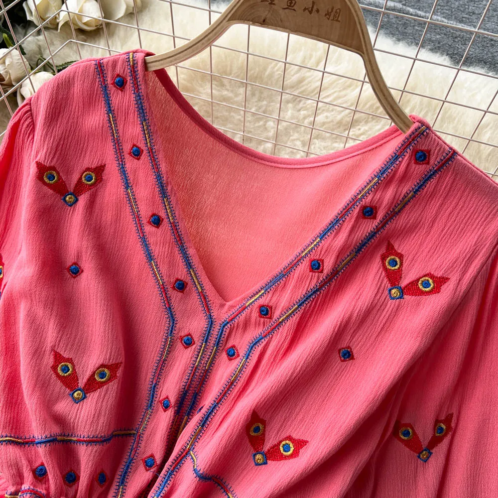 Women Floral Embroidery Boho Vintage Dress