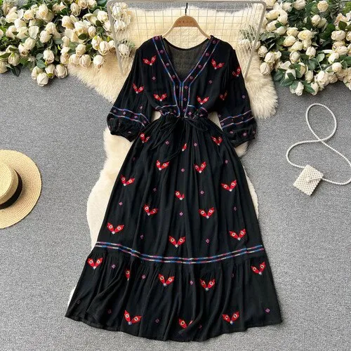Women Floral Embroidery Boho Vintage Dress