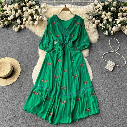 Women Floral Embroidery Boho Vintage Dress