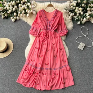 Women Floral Embroidery Boho Vintage Dress