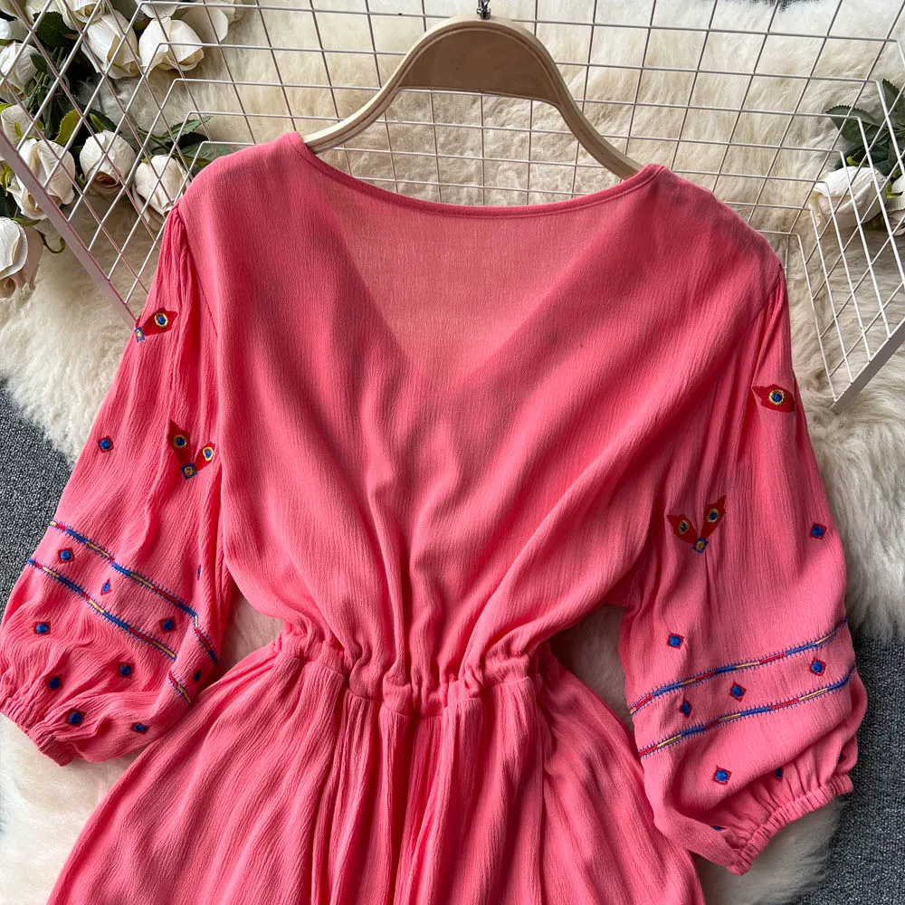 Women Floral Embroidery Boho Vintage Dress