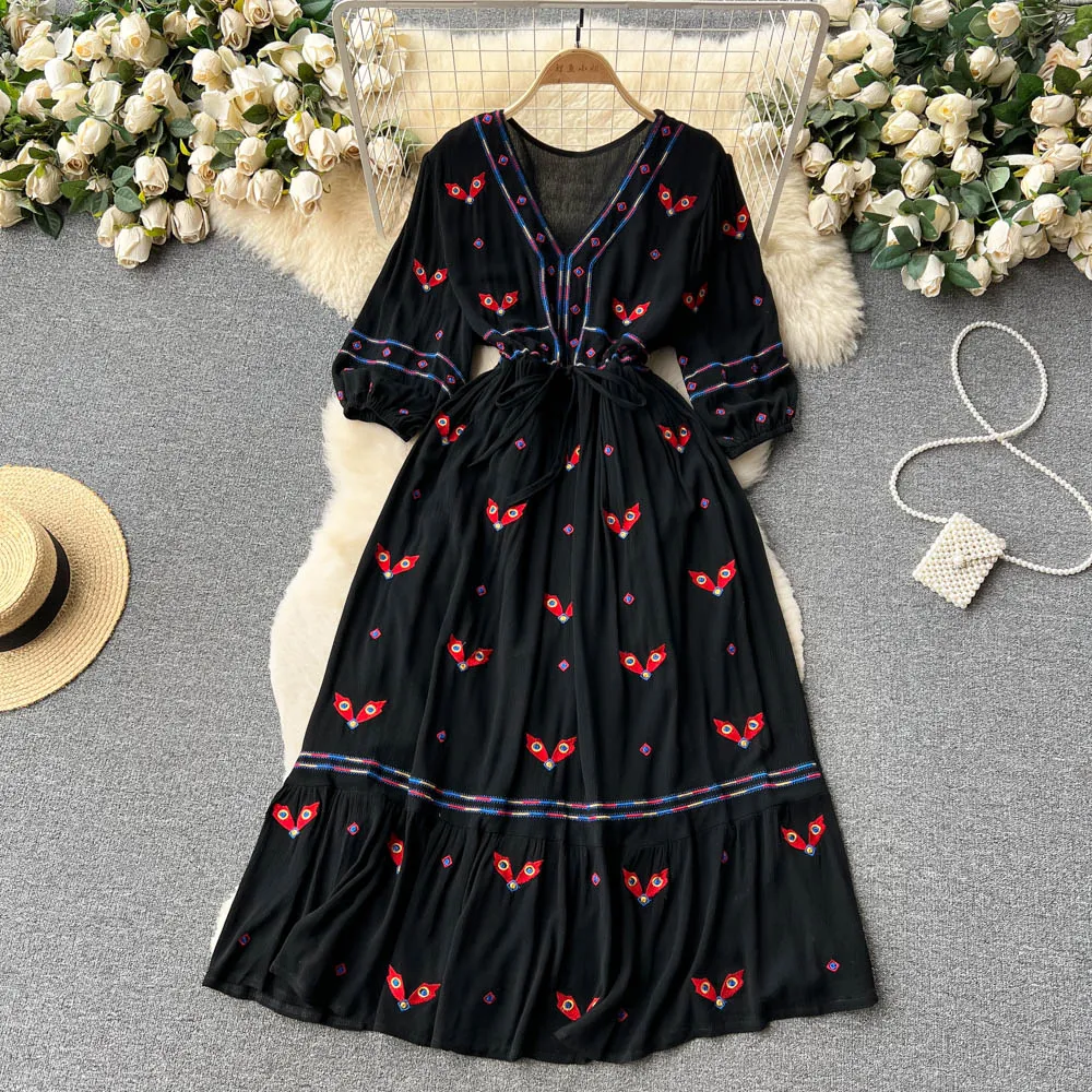 Women Floral Embroidery Boho Vintage Dress