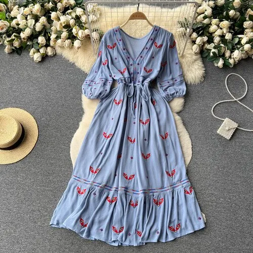 Women Floral Embroidery Boho Vintage Dress