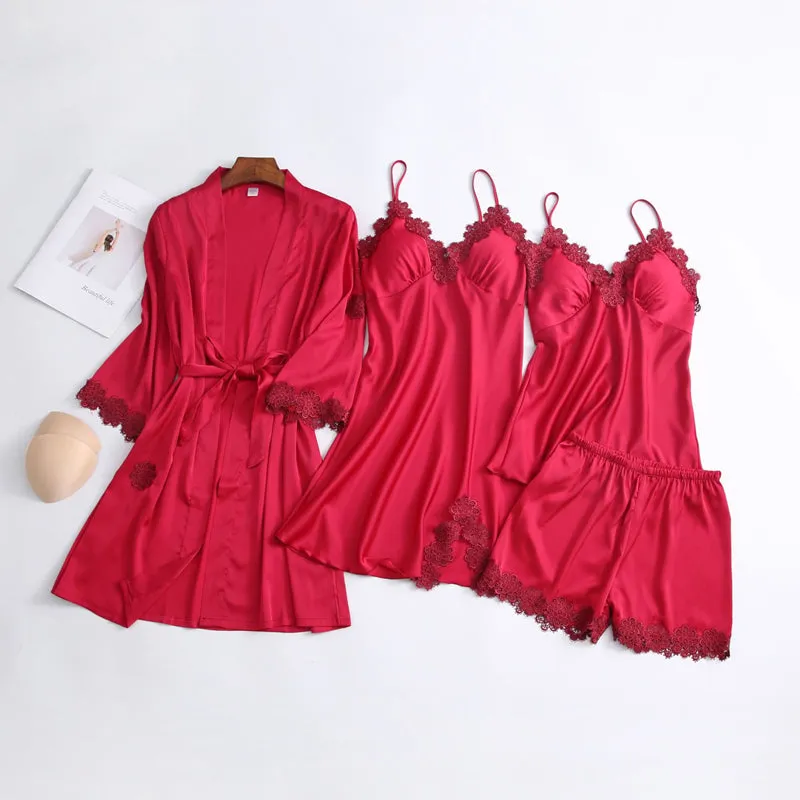 Women Ice Silk Pajamas 4-Piece Set with Chest Pad A041213