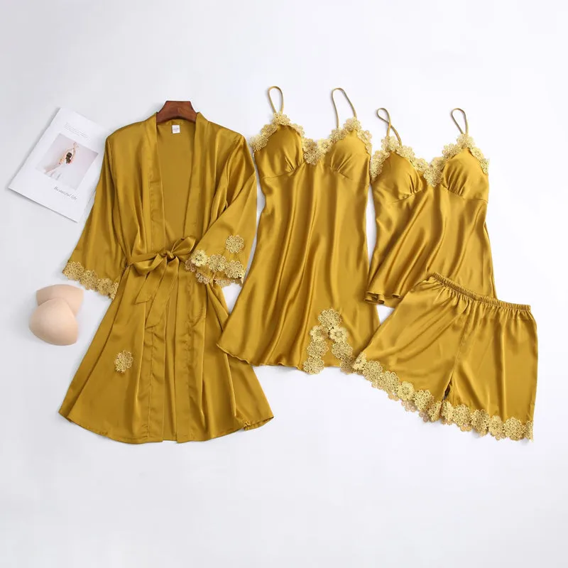 Women Ice Silk Pajamas 4-Piece Set with Chest Pad A041213