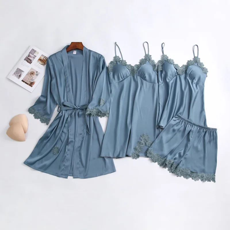 Women Ice Silk Pajamas 4-Piece Set with Chest Pad A041213