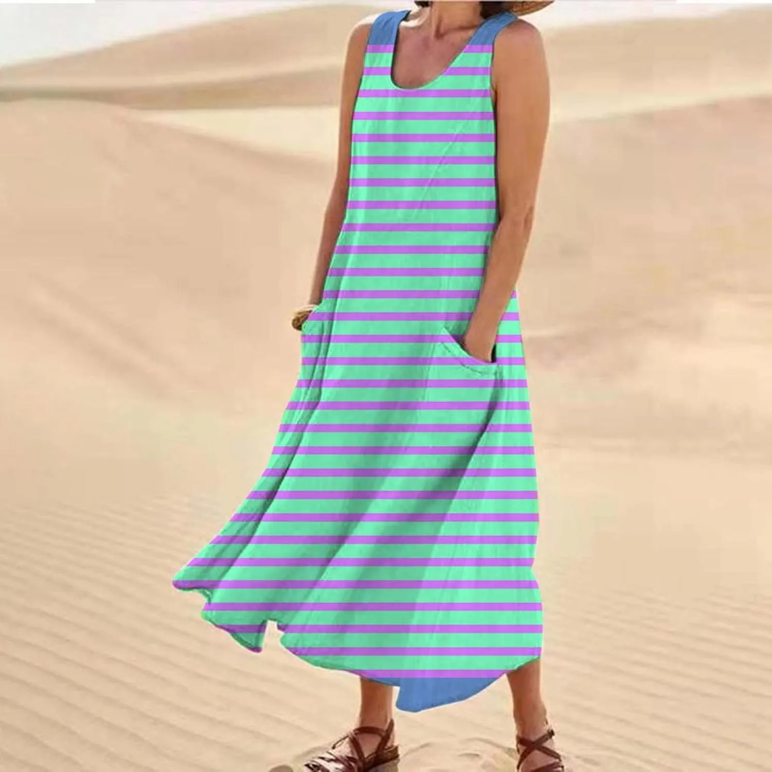 Women Maxi Dress Summer Casual Sleeveless Sundress Crew Neck Long Dresses with Pockets 2025 Beach Vacation