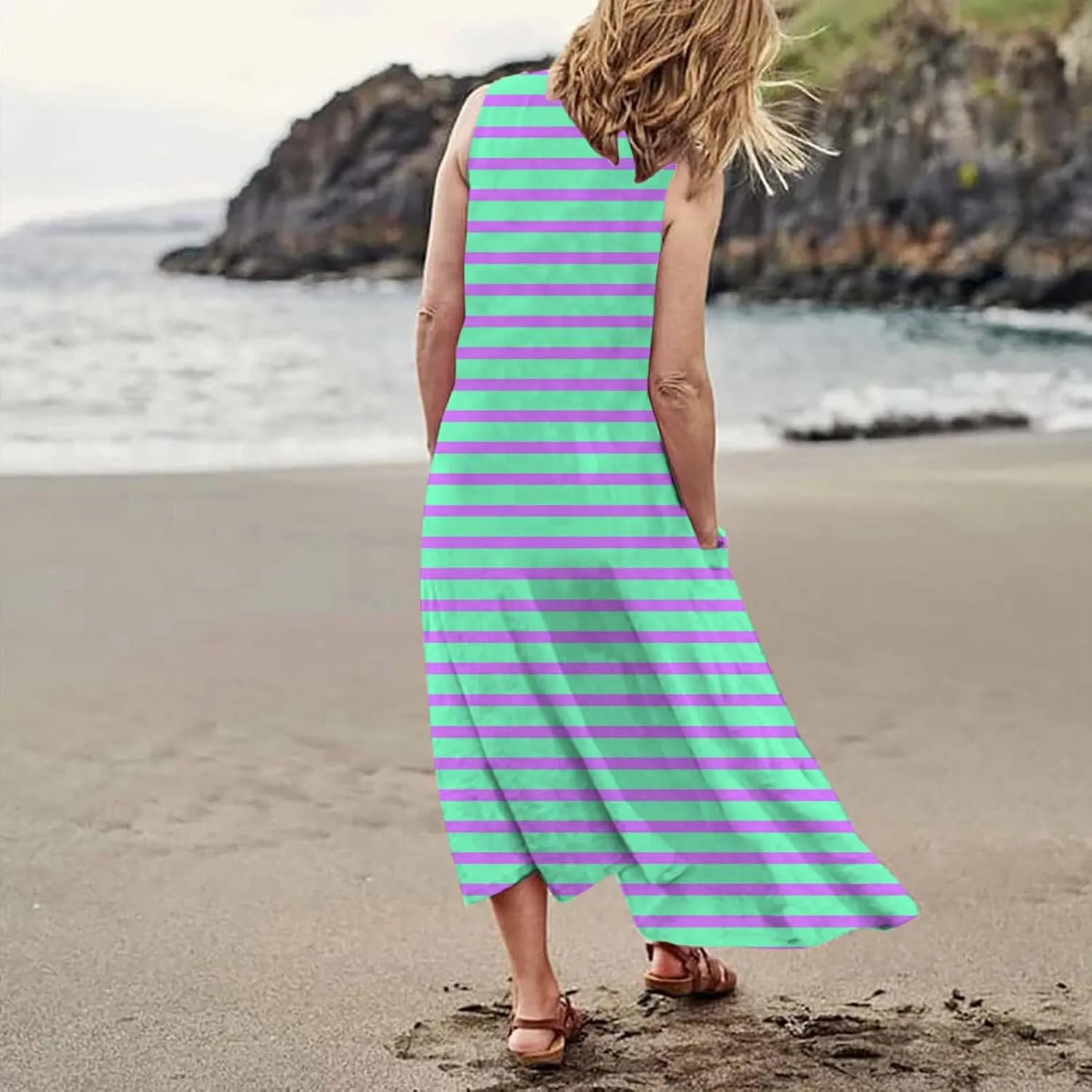 Women Maxi Dress Summer Casual Sleeveless Sundress Crew Neck Long Dresses with Pockets 2025 Beach Vacation