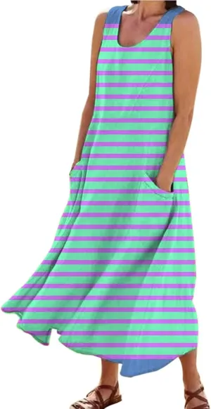 Women Maxi Dress Summer Casual Sleeveless Sundress Crew Neck Long Dresses with Pockets 2025 Beach Vacation