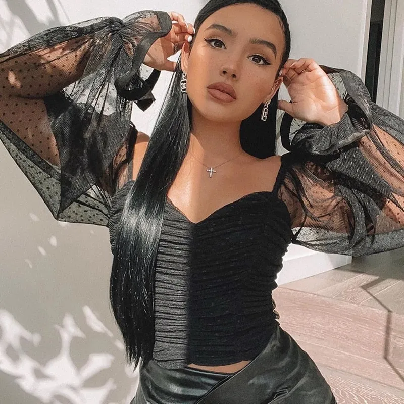 Women Mesh Shirt Puff Sleeve Sweetheart Top
