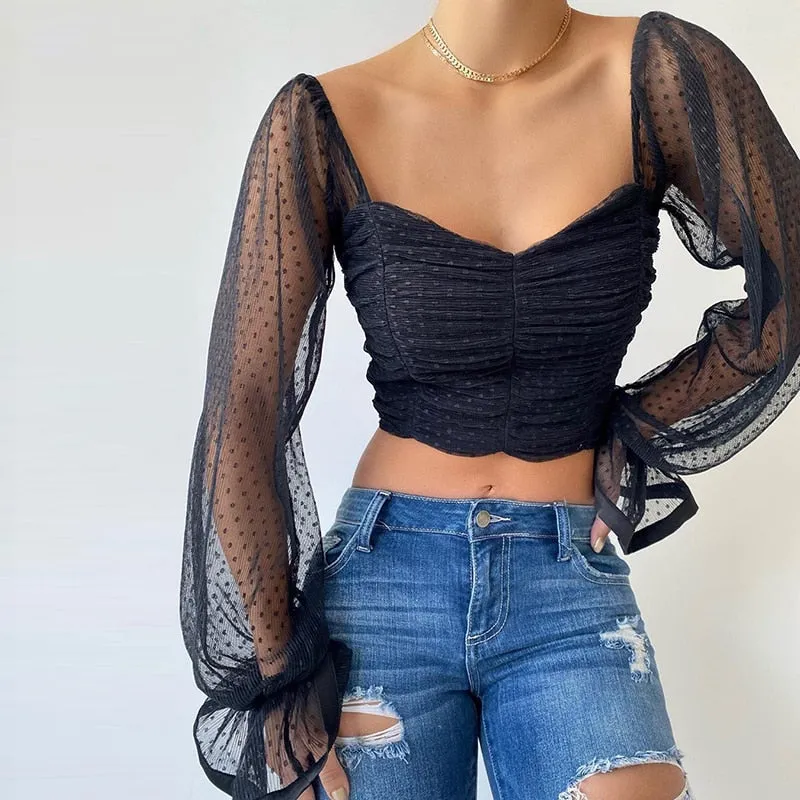Women Mesh Shirt Puff Sleeve Sweetheart Top