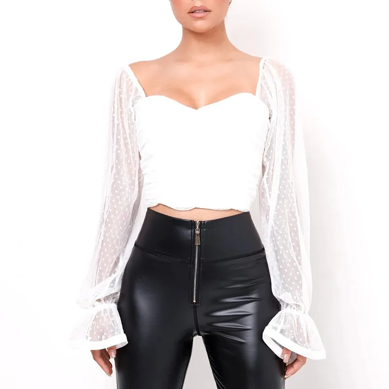 Women Mesh Shirt Puff Sleeve Sweetheart Top