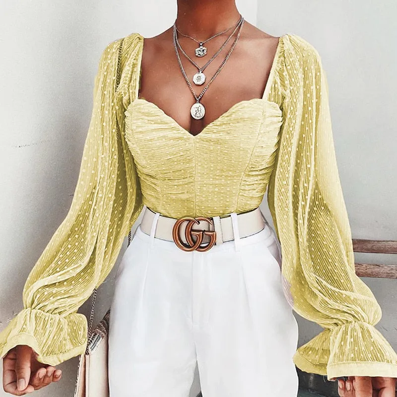 Women Mesh Shirt Puff Sleeve Sweetheart Top