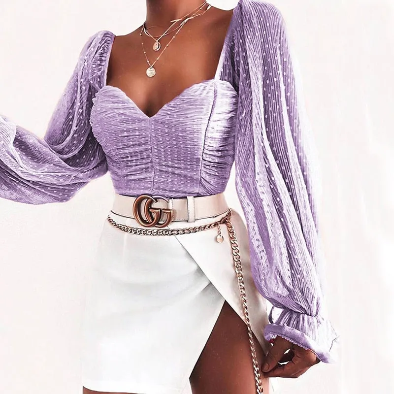 Women Mesh Shirt Puff Sleeve Sweetheart Top