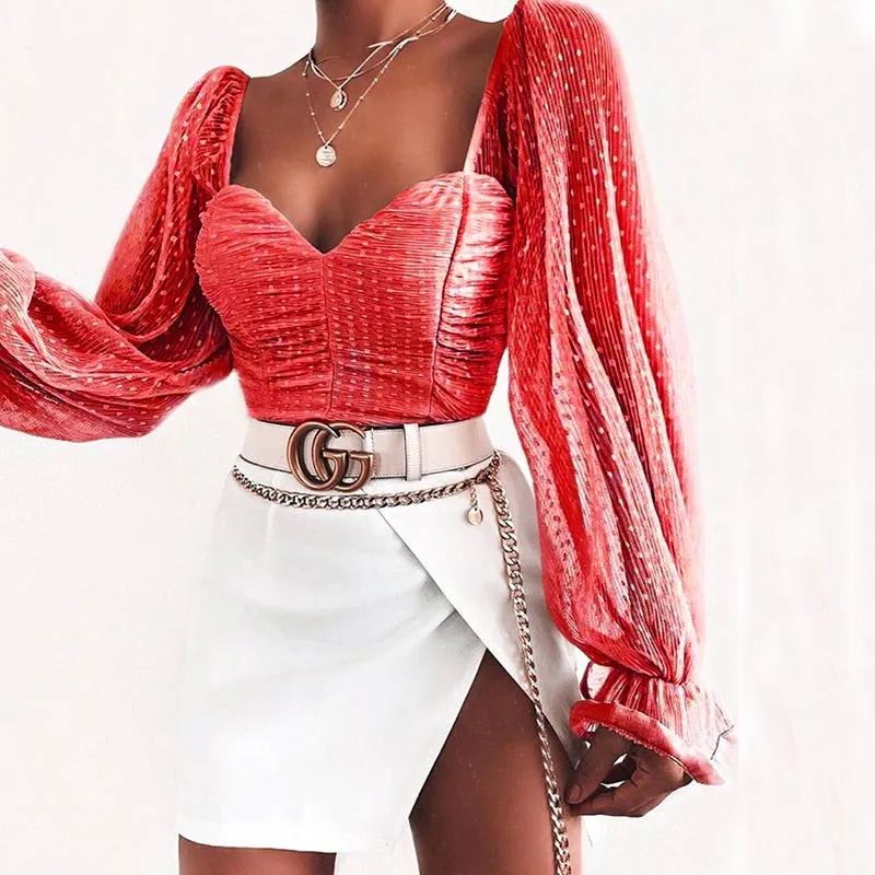 Women Mesh Shirt Puff Sleeve Sweetheart Top