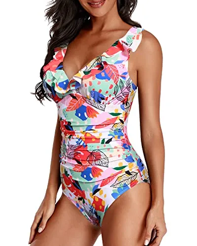 Women One Piece Swimsuits Tummy Control Ruffle V Neck Swimwear-Colorful Leaves