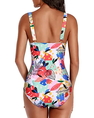 Women One Piece Swimsuits Tummy Control Ruffle V Neck Swimwear-Colorful Leaves