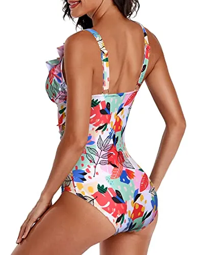 Women One Piece Swimsuits Tummy Control Ruffle V Neck Swimwear-Colorful Leaves