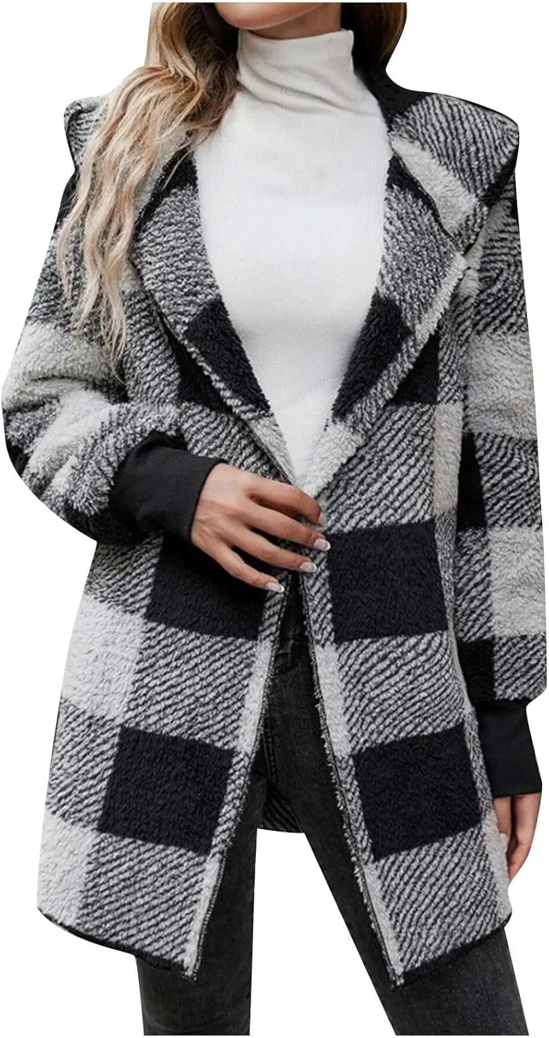 Women Plaid Flannel Jacket Casual Fuzzy Fall Shacket Sherpa Lined Jackets Dressy Casual Trendy Clothing 2024