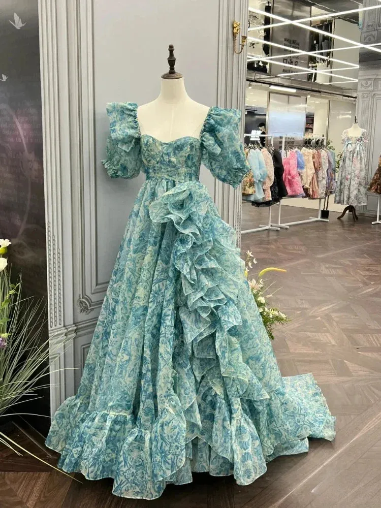 Women Puff Sleeve Printed Irregular Prom Dress