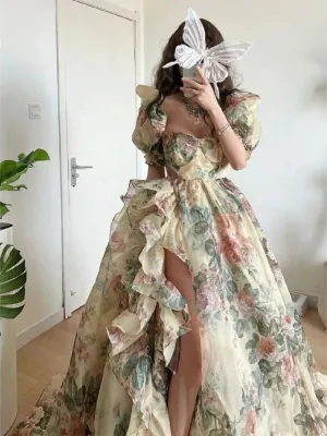 Women Puff Sleeve Printed Irregular Prom Dress