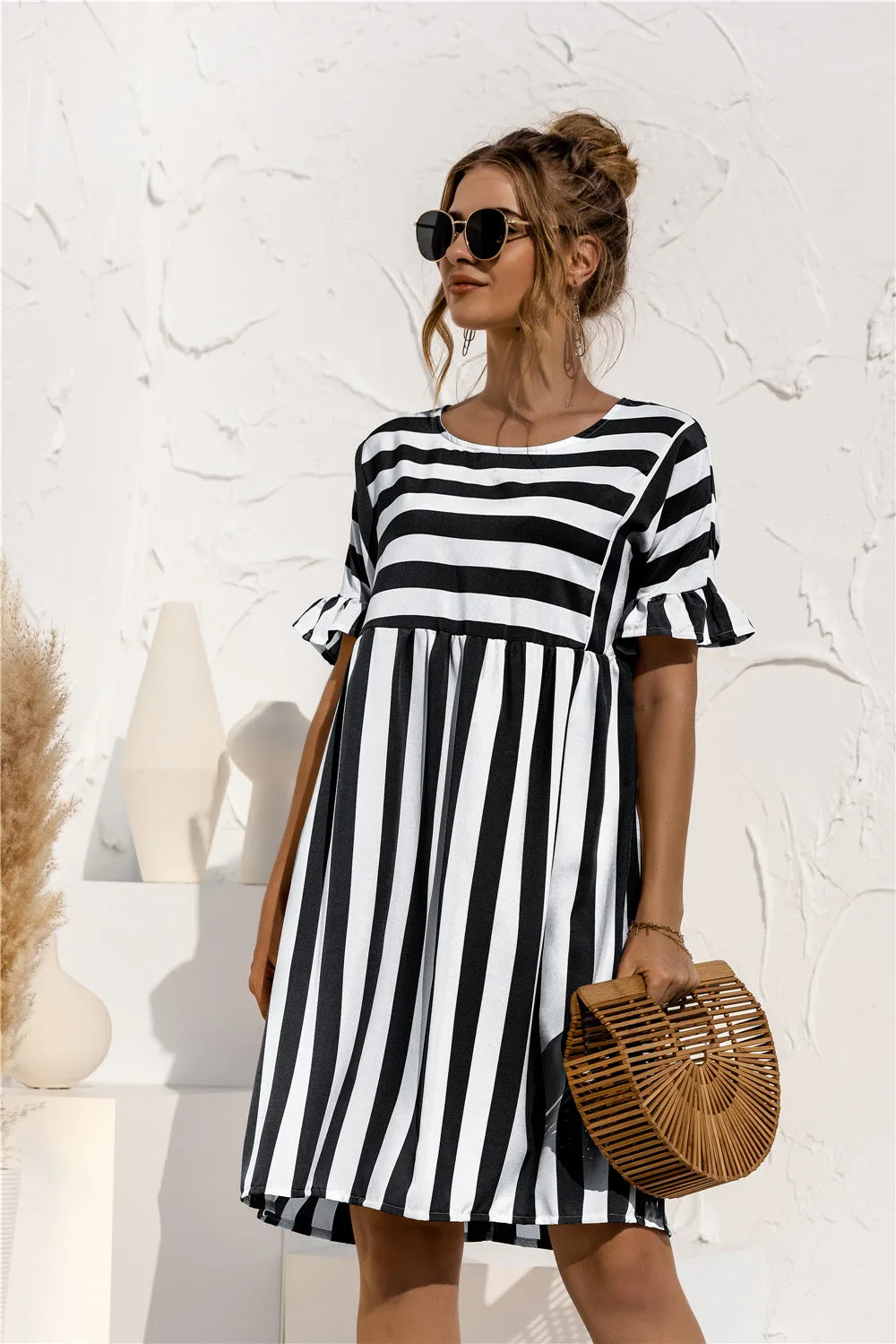 Women Ruffle Collar Short Sleeve Striped Spliced Color-Matching Pocket Loose Dress Pocket Dress