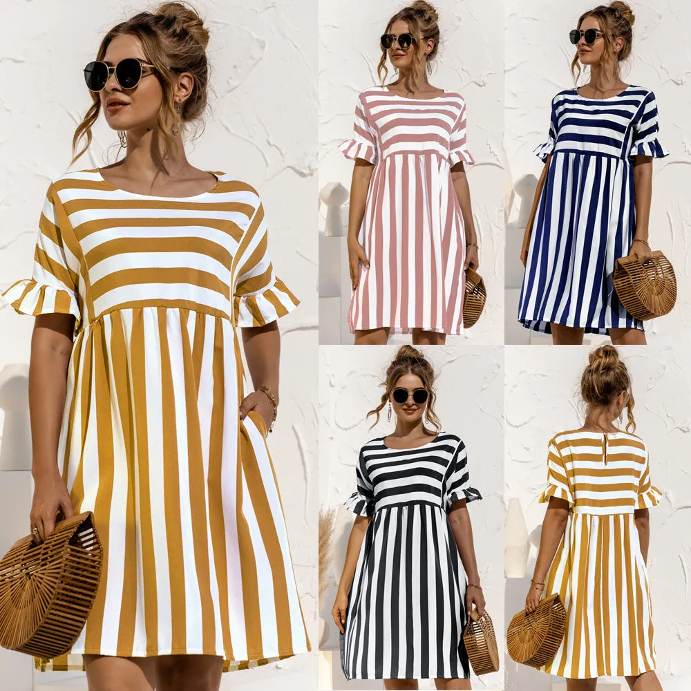 Women Ruffle Collar Short Sleeve Striped Spliced Color-Matching Pocket Loose Dress Pocket Dress
