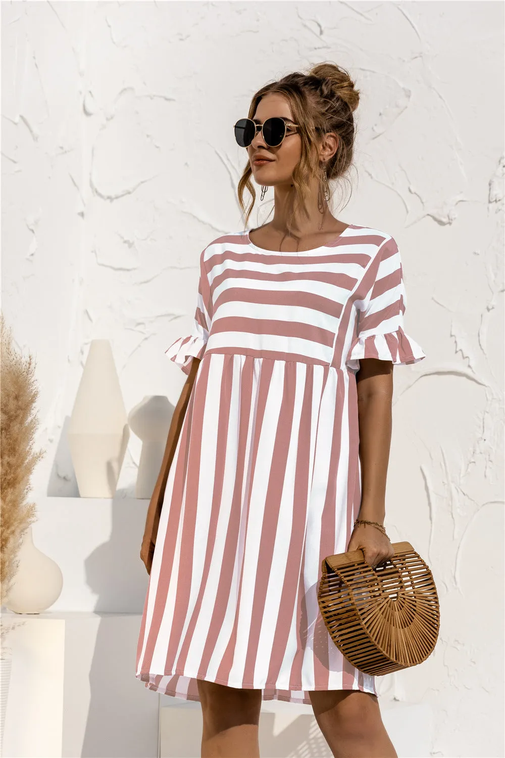 Women Ruffle Collar Short Sleeve Striped Spliced Color-Matching Pocket Loose Dress Pocket Dress