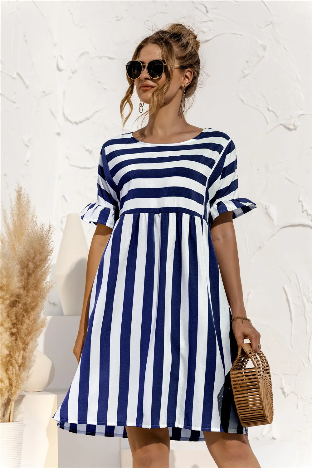 Women Ruffle Collar Short Sleeve Striped Spliced Color-Matching Pocket Loose Dress Pocket Dress