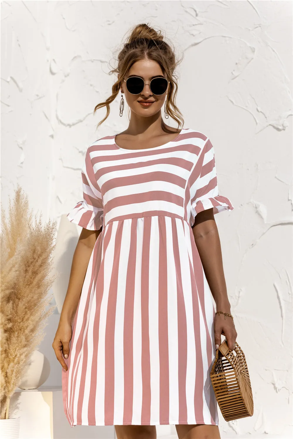 Women Ruffle Collar Short Sleeve Striped Spliced Color-Matching Pocket Loose Dress Pocket Dress