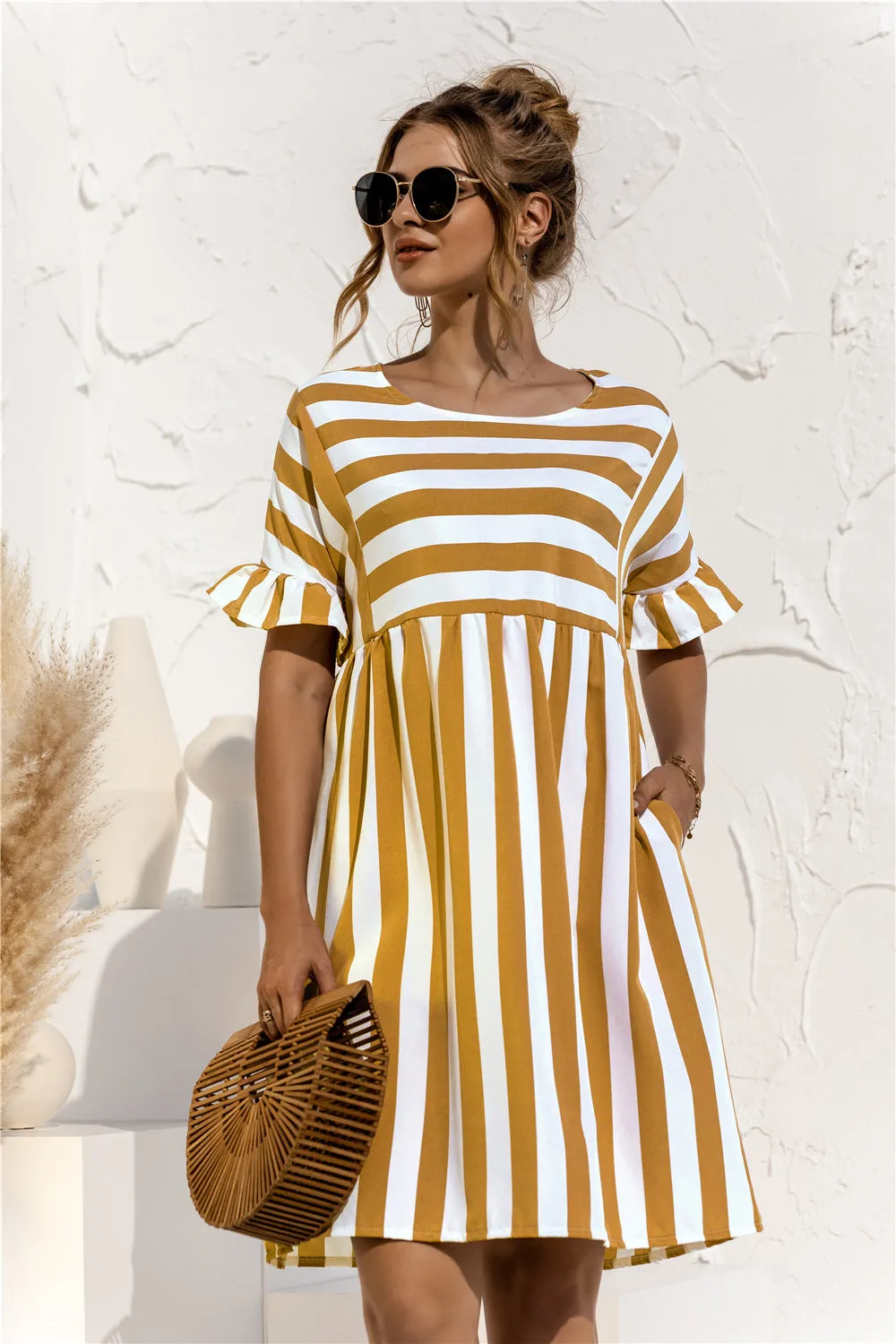 Women Ruffle Collar Short Sleeve Striped Spliced Color-Matching Pocket Loose Dress Pocket Dress